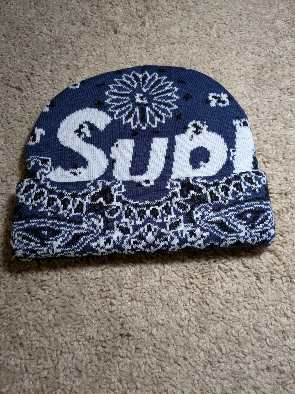 Supreme Bandana Big Logo Beanie Navy NWOT